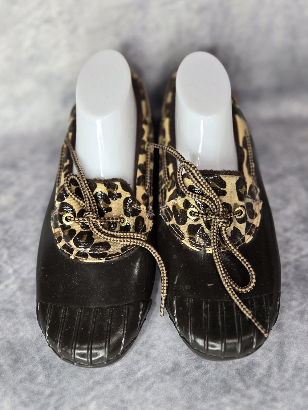 Sperry Black Moccasin Duck Shoes with Leopard Trim